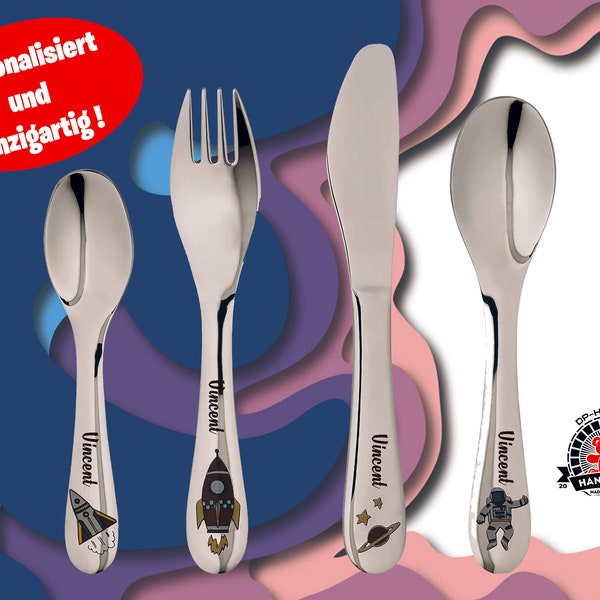 Children's cutlery "Colorful Space/Astronaut" including personal engraving / 4-piece cutlery for children as a gift / christening gift / birthday