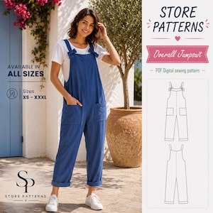 Pode incluir: Um macacão azul com laços nos ombros e dois bolsos frontais, usado sobre uma camiseta branca. A imagem inclui o texto STORE PATTERNS, Overall Jumpsuit, PDF Digital sewing pattern e informações de tamanho de XS a XXXL.
