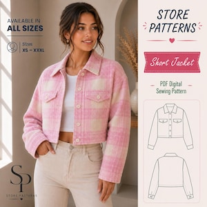 Peut inclure: Une veste courte à motif écossais rose et crème avec un col, des manches longues et une fermeture boutonnée. La veste présente deux poches poitrine à rabat boutonné. Le texte inclut STORE PATTERNS, Short Jacket et PDF Digital Sewing Pattern.