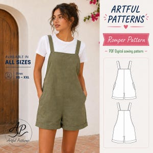 Peut inclure: Un patron de couture numérique PDF pour une barboteuse, avec le texte ARTFUL PATTERNS, Romper Pattern, PDF Digital sewing pattern et AVAILABLE IN ALL SIZES XS - XXL. L'image montre un dessin au trait de la barboteuse et une personne portant une barboteuse vert olive sur un t-shirt blanc.