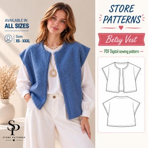 Puede incluir: Un chaleco azul texturizado sin mangas sobre una camisa blanca de manga larga y pantalones blancos. La imagen incluye el texto: STORE PATTERNS, Betsy Vest, PDF Digital sewing pattern, AVAILABLE IN ALL SIZES y un dibujo técnico de la prenda.