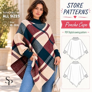 Op de afbeelding: Een poncho-cape met een ruitpatroon in donkerblauwgroen, bordeauxrood en crème, voorzien van een hoge kraag en geribbelde boorden. De afbeelding bevat de tekst STORE PATTERNS, AVAILABLE IN ALL SIZES XS-XXXL, Poncho Cape en PDF Digital sewing pattern.