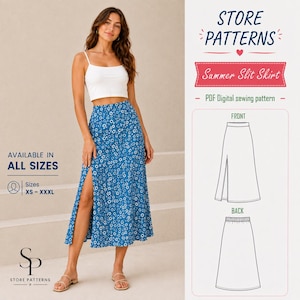 Può includere: Una gonna midi blu con motivo floreale bianco e spacco laterale, indossata con una canotta bianca. L'immagine include il testo STORE PATTERNS, Summer Slit Skirt, PDF Digital sewing pattern e disegni tecnici della gonna vista davanti e dietro.