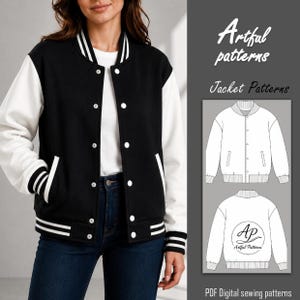 Peut inclure: Veste de style universitaire noire et blanche avec des manches blanches, un corps noir et des poignets et un col rayés blancs. La veste a des boutons blancs et des poches. Le texte "Artful patterns Jacket Patterns" est également inclus.