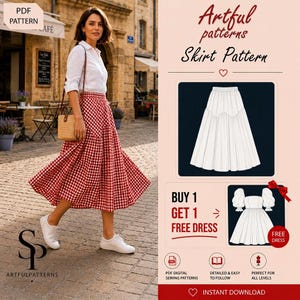May include: A PDF sewing pattern for a skirt and dress, featuring a white button-down shirt and a red and white gingham midi skirt. The graphic includes text reading Artful patterns Skirt Pattern, Buy 1 Get 1 Free Dress, and Instant Download.