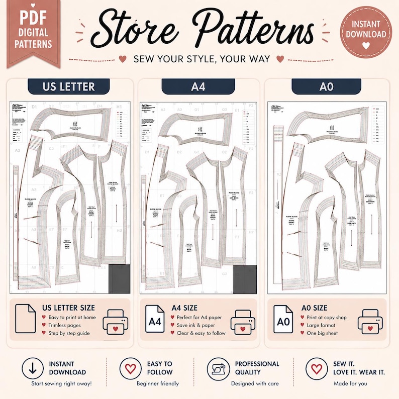 May include: A digital sewing pattern display featuring three layout options labeled US Letter, A4, and A0. The graphic includes text Store Patterns, Sew Your Style, Your Way, and Instant Download. Each section shows garment pattern pieces with grid lines.