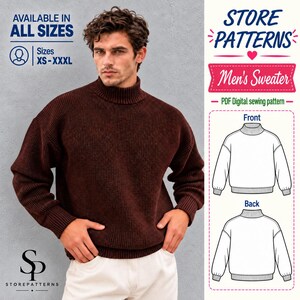 Könnte beinhalten: Ein dunkelbrauner Pullover mit Stehkragen, langen Ärmeln und gerippten Bündchen. Das Bild enthält den Text: AVAILABLE IN ALL SIZES, Sizes XS-XXXL, STORE PATTERNS, Men's Sweater, PDF Digital sewing pattern und Skizzen.