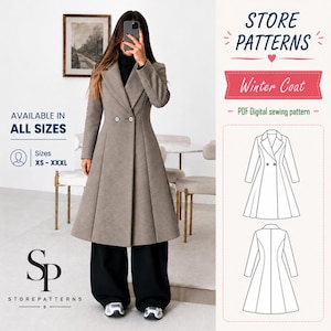 Può includere: Un cappotto invernale color tortora a doppio petto con vita aderente e gonna svasata, indossato con pantaloni neri a gamba larga. L'immagine include il testo STORE PATTERNS, Winter Coat e PDF Digital sewing pattern, con un disegno del cappotto.