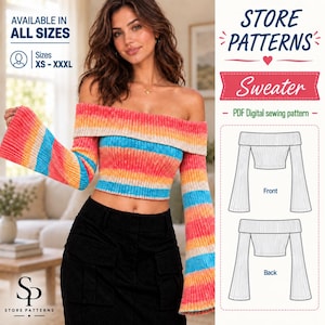 Peut inclure: Un patron de couture numérique PDF pour un pull à épaules dénudées avec de longues manches évasées. Le modèle présente des rayures horizontales roses, orange, jaunes et bleues. Il inclut des dessins techniques du devant et du dos et les tailles XS-XXXL.