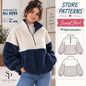 Könnte beinhalten: Ein zweifarbiges Sweatshirt mit Viertelreißverschluss aus cremefarbenem und marineblauem Fleece-Material. Das Kleidungsstück hat einen hohen Kragen, lange Ärmel und einen Frontreißverschluss. Das Bild enthält den Text STORE PATTERNS, SweatShirt und PDF Digital sewing pattern.