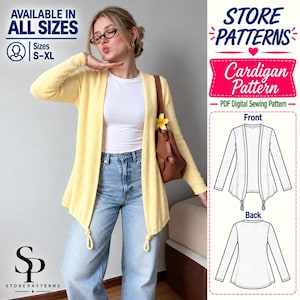 May include: A light yellow open-front cardigan with long sleeves and knotted hem details. The garment is paired with a white t-shirt and blue jeans. The image includes a technical line drawing showing the front and back views of the cardigan.