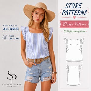 May include: A sleeveless blouse with a blue and white vertical stripe pattern, featuring a square neckline and ruffled shoulder details. The blouse is paired with light blue distressed denim shorts and a tan belt. Text includes STORE PATTERNS.