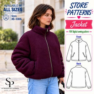 May include: A deep burgundy jacket with a high collar and a front zip fastening. The image includes text stating STORE PATTERNS, AVAILABLE IN ALL SIZES XS-XXXL, Jacket, and PDF Digital sewing pattern, alongside a line drawing of the front and back.