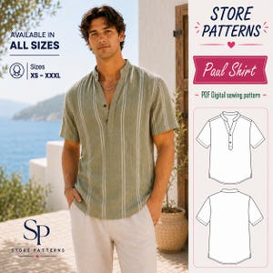 Puede incluir: Una camisa de manga corta con cuello mao y un patrón de rayas verticales en verde oliva y blanco. La camisa presenta una tapeta de botones parcial con dos botones visibles. La imagen incluye el texto STORE PATTERNS y Paul Shirt.