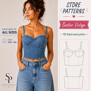 May include: A blue denim bustier top with thin straps and a sweetheart neckline, paired with matching blue denim jeans. The image includes text reading STORE PATTERNS, Bustier Vintage, and PDF Digital sewing pattern, with line art diagrams.