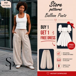 May include: A digital sewing pattern for balloon pants and a dress. The image displays a white tank top and beige balloon pants, a line drawing of a dress with puff sleeves, and text including Store patterns, Balloon Pants, and Buy 1 Get 1 Free Dress.