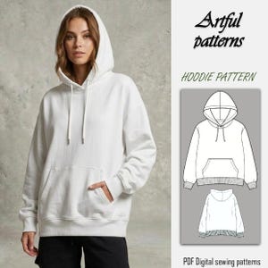May include: A white hoodie with a drawstring hood and a kangaroo pocket. The image also includes a technical drawing of the hoodie and the text "Artful patterns" and "HOODIE PATTERN". The hoodie is part of a PDF digital sewing pattern.