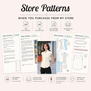 May include: A digital sewing pattern guide titled Store Patterns, featuring A4, A0, and US Letter PDF formats. It includes step-by-step sewing instructions with diagrams, illustrations, and a photograph of a white sleeveless button-up top.