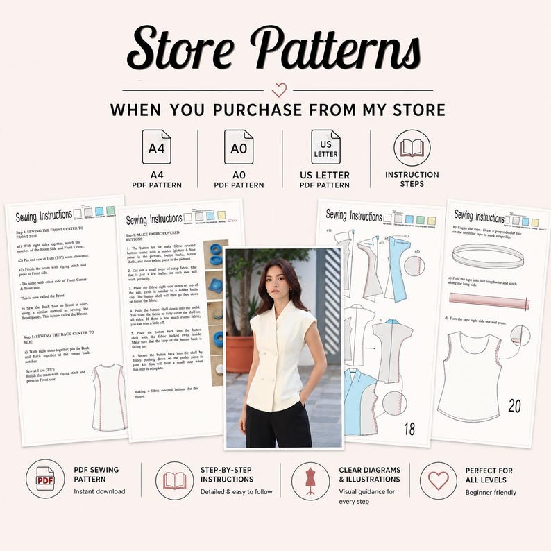 May include: A digital sewing pattern guide titled Store Patterns, featuring A4, A0, and US Letter PDF formats. It includes step-by-step sewing instructions with diagrams, illustrations, and a photograph of a white sleeveless button-up top.