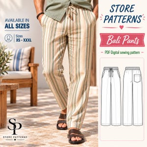 Peut inclure: Un pantalon rayé beige, vert olive et blanc avec une taille élastique à cordon de serrage. L'image contient le texte STORE PATTERNS, Bali Pants, PDF Digital sewing pattern, et indique que toutes les tailles du XS au XXXL sont disponibles.
