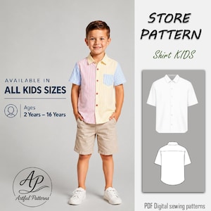 May include: A young person wearing a color-block shirt with pink, yellow, and blue panels, paired with khaki shorts and white sneakers. The image includes text that reads "STORE PATTERN Shirt KIDS" and "ALL KIDS SIZES".