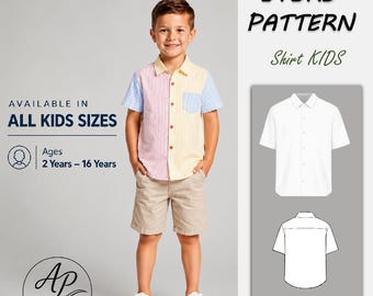 Cartamodello PDF per camicia da bambino | Cartamodello per camicia con bottoni per bambini | Cartamodello facile per bambini | Cartamodello PDF per camicia per bambini | Taglie 2-16 anni