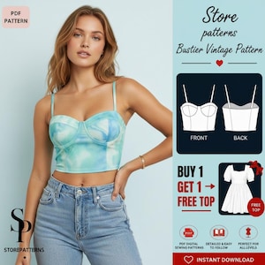 Peut inclure: Un patron de couture PDF pour un haut bustier avec un imprimé tie-dye bleu et blanc. Le patron comprend un dessin technique montrant les vues avant et arrière du vêtement court à bretelles fines avec un corsage structuré.