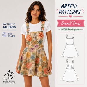Può includere: Un vestito a salopette beige con un motivo floreale colorato di fiori arancioni, blu e gialli. L'abito presenta fibbie metalliche regolabili sulle spalline e una gonna svasata. L'immagine include il testo: ARTFUL PATTERNS Overall Dress.