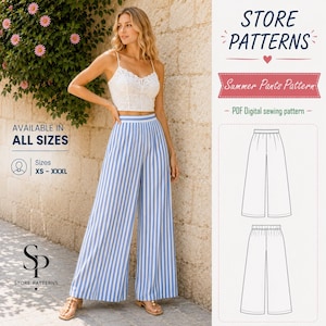 Peut inclure: Un patron de couture numérique pour un pantalon d'été large à rayures verticales bleues et blanches. L'image montre le pantalon fini, un dessin technique du vêtement et du texte incluant STORE PATTERNS, Summer Pants Pattern et les tailles XS-XXXL.