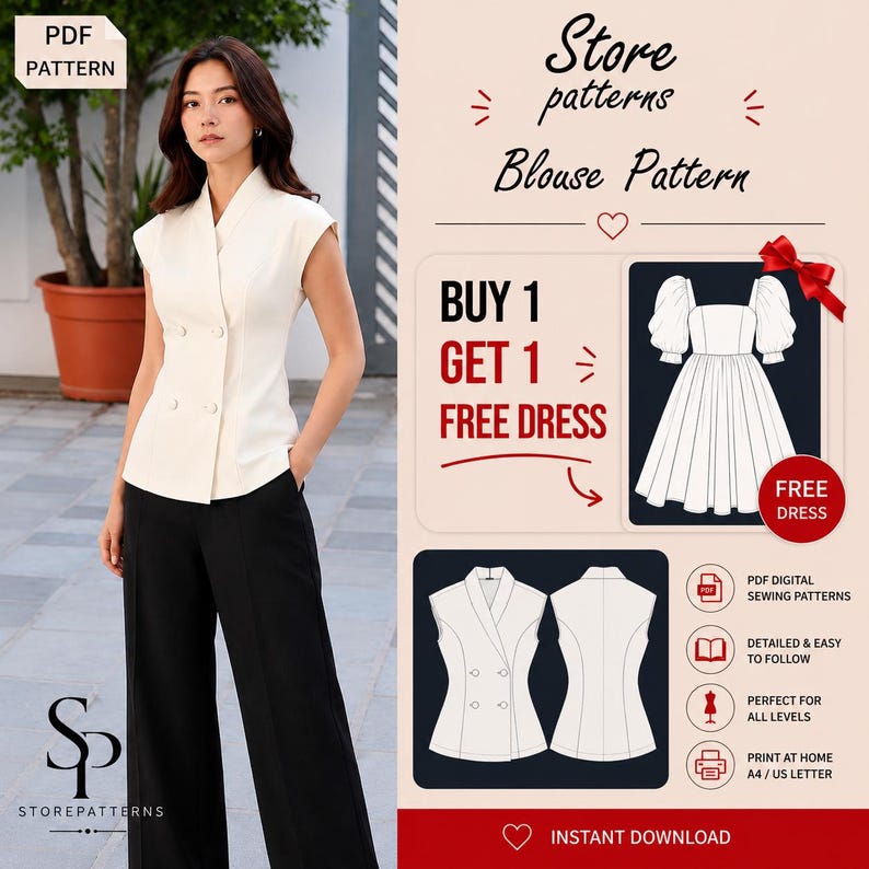 May include: A digital PDF sewing pattern for a sleeveless, double-breasted white blouse with a notched collar and black trousers. The graphic includes text reading Store patterns, Blouse Pattern, BUY 1 GET 1 FREE DRESS, and PDF digital sewing patterns.
