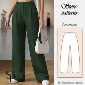 May include: Dark green wide-leg trousers with a subtle textured pattern. The trousers are high-waisted and feature a button and zipper closure. The image also includes a white handbag and the text "Store patterns Trousers".