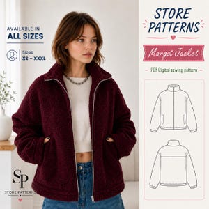 Puede incluir: Una chaqueta de cremallera color burdeos oscuro hecha de material polar texturizado con cuello alto, mangas largas y bolsillos laterales. La imagen incluye el texto STORE PATTERNS, Margot Jacket, PDF Digital sewing pattern y tallas XS-XXXL.