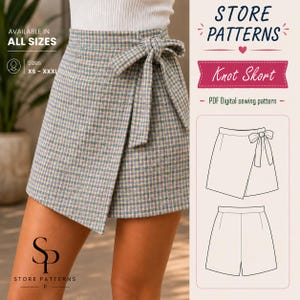 Peut inclure: Une jupe-short à carreaux avec un devant style portefeuille et un nœud latéral. Le tissu présente un motif à carreaux multicolore bleu, vert et jaune. L'image contient le texte STORE PATTERNS, Knot Skort, PDF Digital sewing pattern, ainsi que des dessins techniques du vêtement.