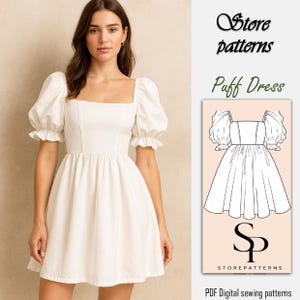 May include: A woman wearing a white puff-sleeve dress with a square neckline. The dress has a fitted bodice and a flared skirt. The image also includes a diagram of the dress and the text "Store patterns" and "Puff Dress".