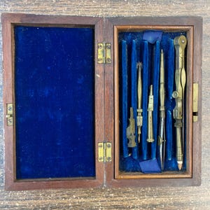 Antique Wooden Drafting Box with Compass Set French 19th Century