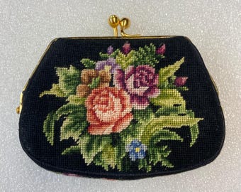 Vintage Coin Purse | Black Needlepoint Floral Pattern
