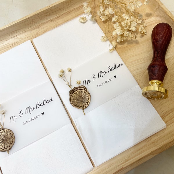 Serviettes de table personnalisées avec sceau et gypsophile or blanc mariage fiançailles cire à cacheter Söz Wedding