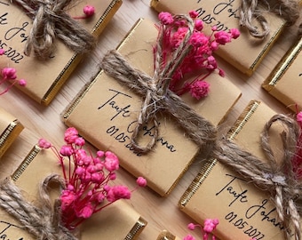 personalized chocolates with gypsophila - brown paper