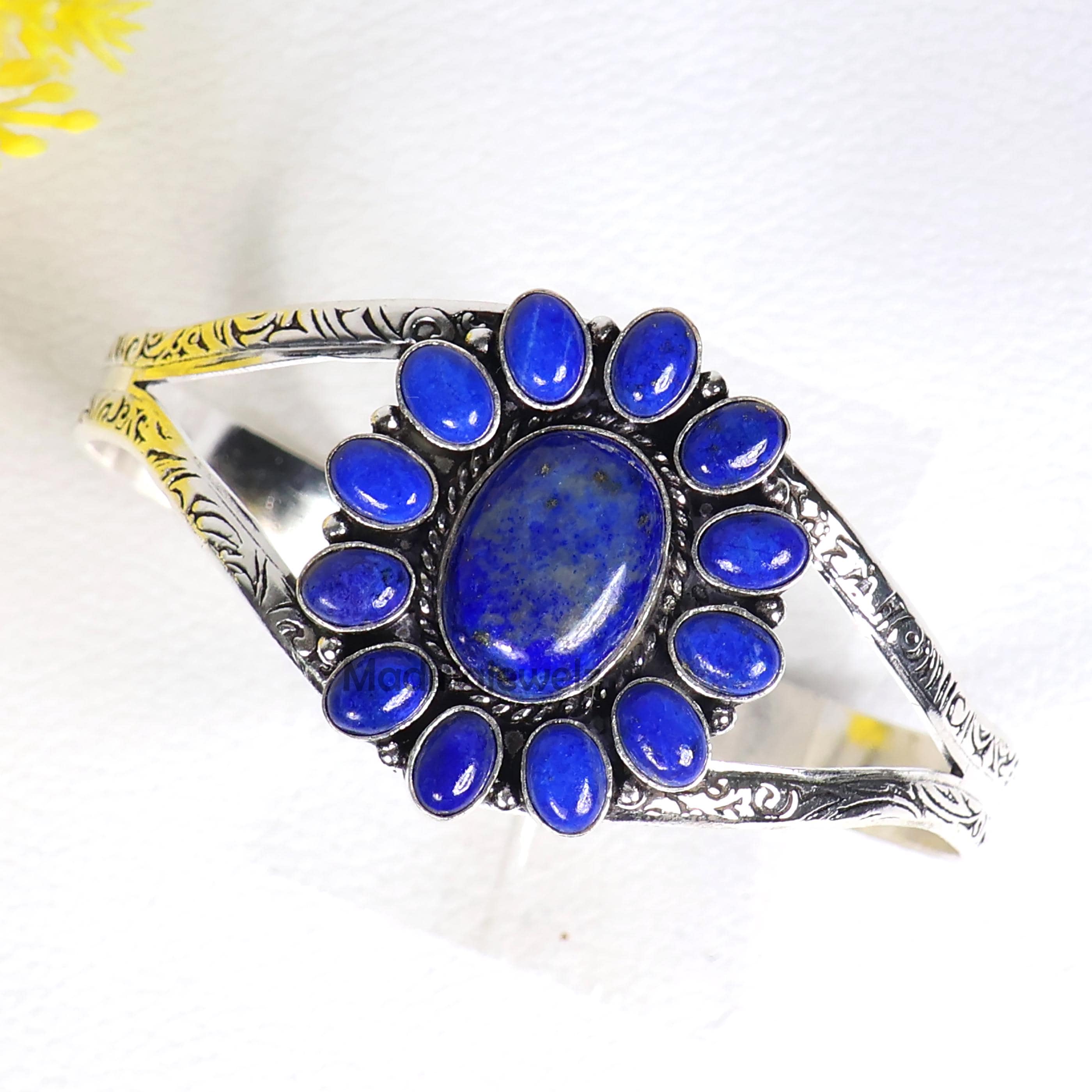 Lapis Lazuli Gemstone Bangle, Sterling Silver Adjustable Cuff 
