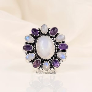 Anello con pietra preziosa naturale di ametista e pietra di luna, anelli in argento sterling 925, anello con ametista, gioielli fatti a mano, anello con pietra di luna, regalo di anniversario