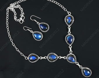 Labradorite Necklace Jewelry Set, Labradorite Earrings, Sterling Silver Earrings, Silver Necklace Set Chain Necklace, Dangle Earrings Gifts