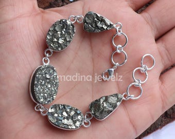 Pyrite Druzy Bracelet Sterling Silver Bracelet Rough Pyrite Bracelet Chain Bracelet Gold Pyrite Gemstone Bracelet Raw Pyrite Stone Bracelet