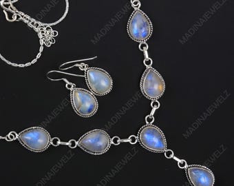 Pendientes de piedra lunar, conjuntos de collar de piedra lunar, conjunto de collar y pendientes de plata de ley, conjuntos de joyería de plata, collar de piedras preciosas, regalo para ella.
