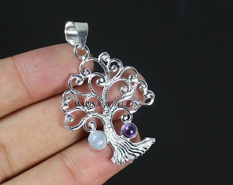 Colgante de árbol de la vida, colgante de amatista y piedra lunar, colgante de plata de ley, colgante de árbol de plata, colgante de piedra preciosa, collar de amatista.