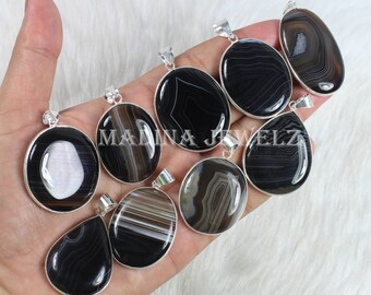 Black Banded Agate Gemstone Pendant, Sterling Silver Pendant, Bezel Pendant, Mix Shape Banded Agate Pendant Handmade Pendant Gift For Her