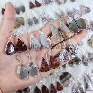 Puede incluir: Una colección de pendientes colgantes con piedras de ágata pulidas y multicolores en varias formas, incluyendo gotas, óvalos y triángulos, montados en ganchos de metal plateado. Las piedras muestran bandas naturales y patrones terrosos.
