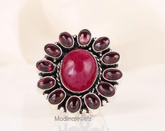 Red Garnet Ruby Rings 925 Sterling Silver Ring-Oval Gemstones Rings For Women, Boho Statement Ring