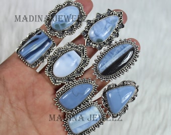 Blue Opal Ring, Sterling Silver Ring, Collet Ring Mix Shape Ring Blue Owyhee Ring Blue Opal Gemstone Ring Designer Ring, Owyhee Jewelry Ring