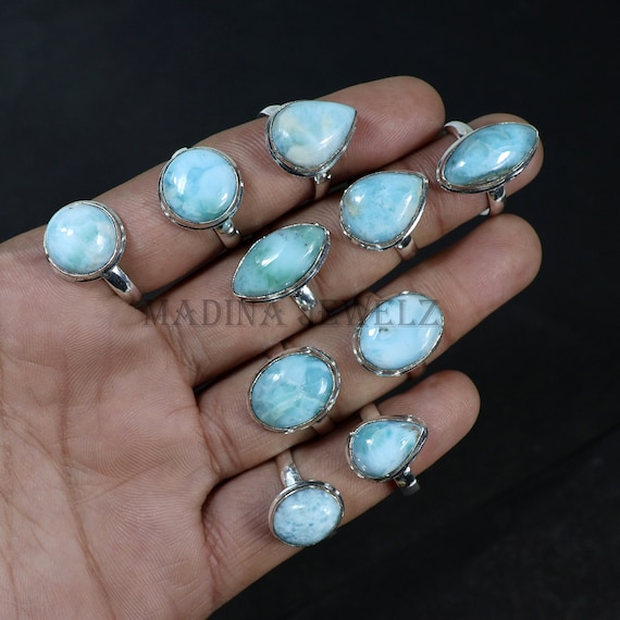 Blue Larimar Rings Sterling Silver Ring Adjustable Ring Larimar Gemstone Ring Blue Stone Ring Collet Ring Birthstone Ring Handmade Ring Gift