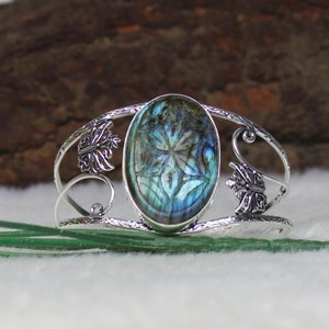 Blue Labradorite Bangle Collet Bracelet Sterling Silver Bracelet Adjustable Bangle Gemstone Bangle Carved Labradorite Bracelet Women Bangle